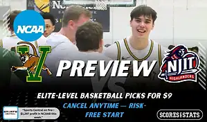 Vermont Catamounts vs NJIT Highlanders preview graphic with both team logos, “Picks and Predictions” label, and Vermont Catamounts basketball action background (January 31, 2026).