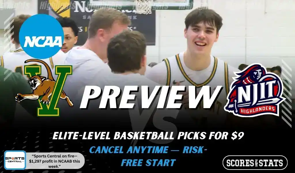 Vermont Catamounts vs NJIT Highlanders preview graphic with both team logos, “Picks and Predictions” label, and Vermont Catamounts basketball action background (January 31, 2026).