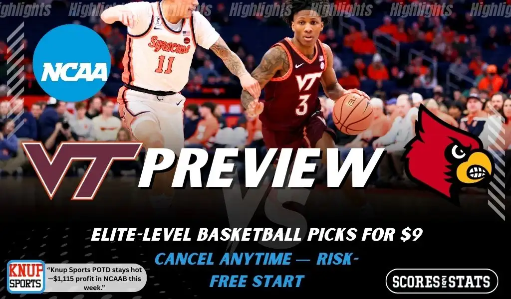 Virginia Tech Hokies vs Louisville Cardinals preview graphic with team logos and NCAA branding promoting college basketball picks and predictions for January 24 2026