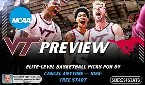 Virginia Tech Hokies vs SMU Mustangs basketball preview graphic with Virginia Tech and SMU logos and Virginia Tech players celebrating in the background