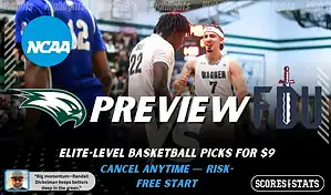 Wagner Seahawks vs Fairleigh Dickinson Knights college basketball preview graphic showing Wagner players celebrating with both team logos for January 19 2026