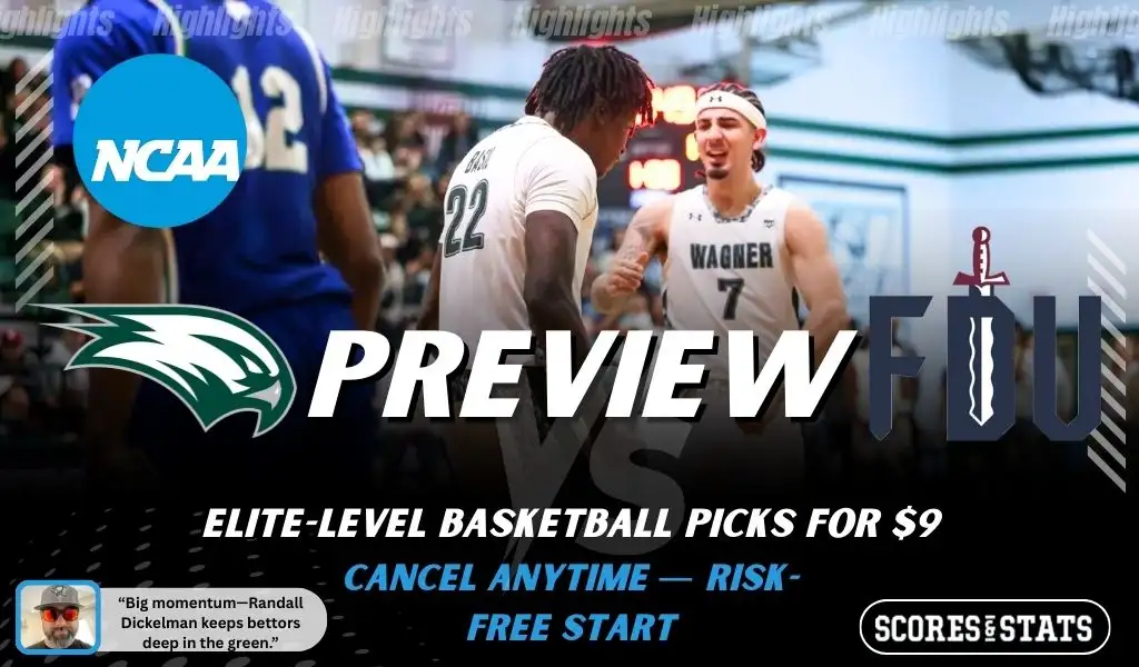 Wagner Seahawks vs Fairleigh Dickinson Knights college basketball preview graphic showing Wagner players celebrating with both team logos for January 19 2026