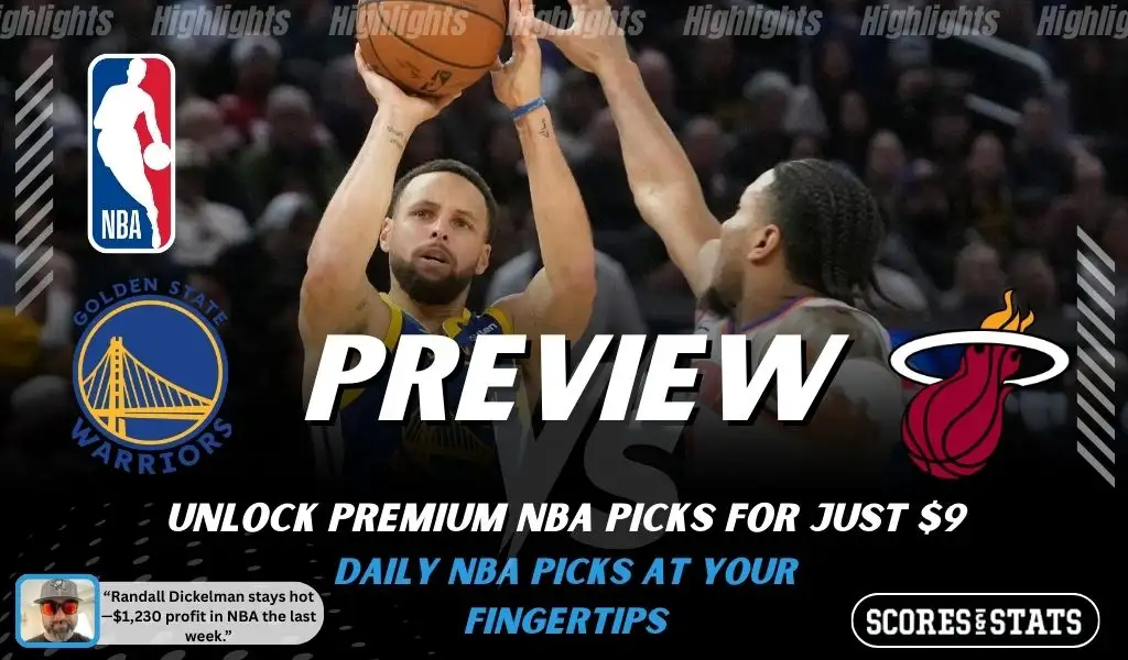 Golden State Warriors vs Miami Heat NBA preview graphic with a Warriors player shooting and both team logos for January 19 2026