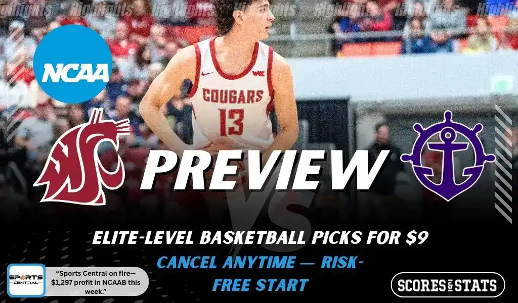 Washington State Cougars vs Portland Pilots preview graphic with both team logos, “Picks and Predictions” label, and Washington State Cougars basketball action background (January 31, 2026).