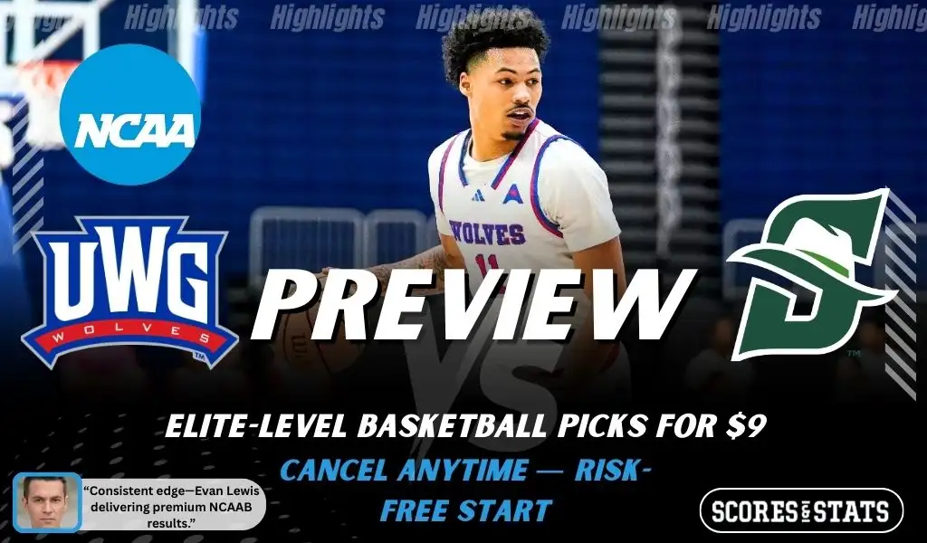 West Georgia Wolves vs Stetson Hatters basketball preview graphic with West Georgia and Stetson logos and a West Georgia player dribbling in the background