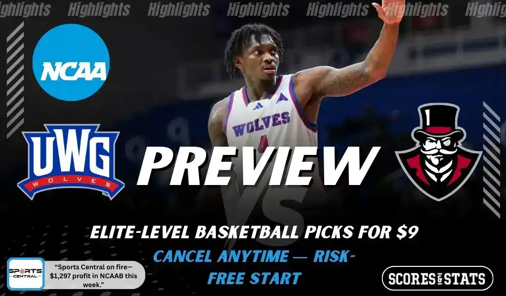 West Georgia Wolves vs Austin Peay Governors preview graphic with both team logos, “Picks and Predictions” label, and West Georgia Wolves basketball action background (January 31, 2026).