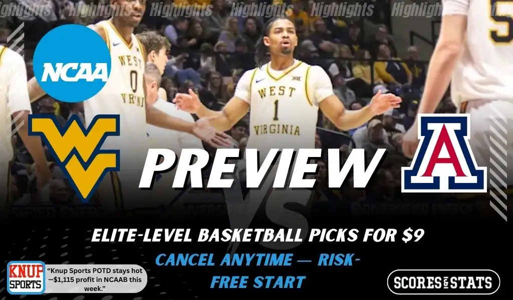 West Virginia Mountaineers vs Arizona Wildcats preview graphic with team logos and NCAA branding promoting college basketball picks and predictions for January 24 2026