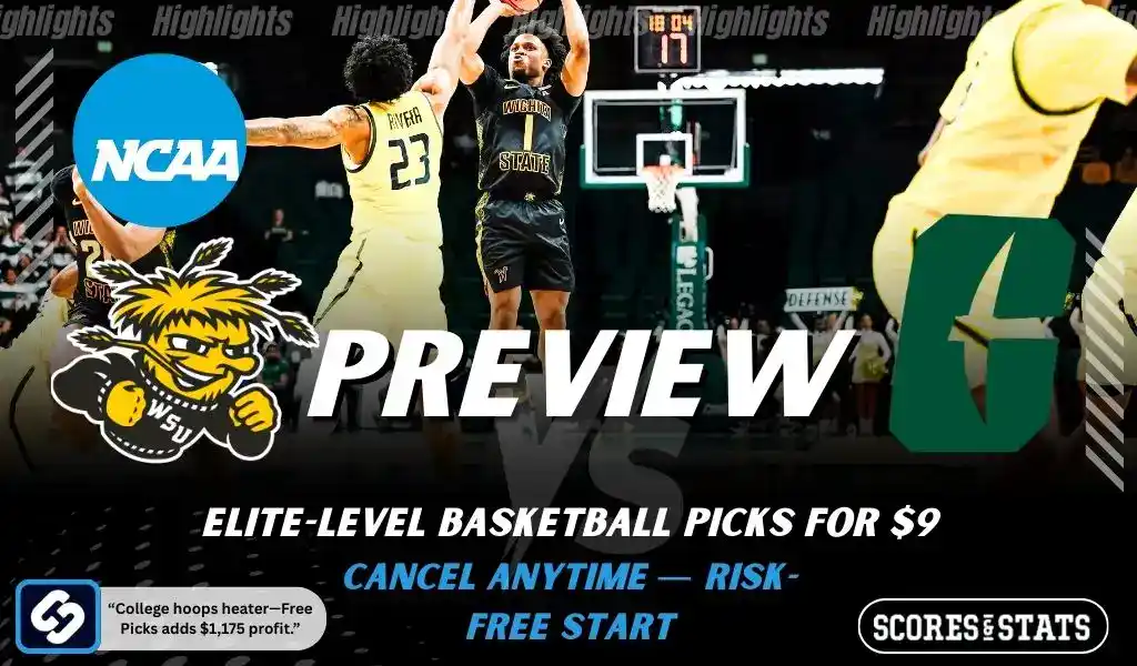 Previews 7 Wichita State Shockers vs Charlotte 49ers NCAA basketball preview graphic with a player dribbling and team logos