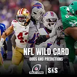 Collage of NFL players in action with text overlay: "NFL Wild Card Odds and Predictions" at the bottom.