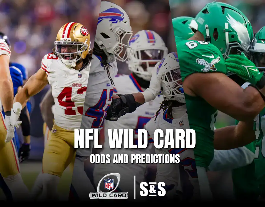 Collage of NFL players in action with text overlay: "NFL Wild Card Odds and Predictions" at the bottom.