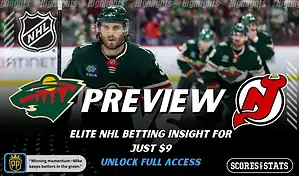 Minnesota Wild versus New Jersey Devils NHL preview graphic with team logos and Scores and Stats branding January 12 2026