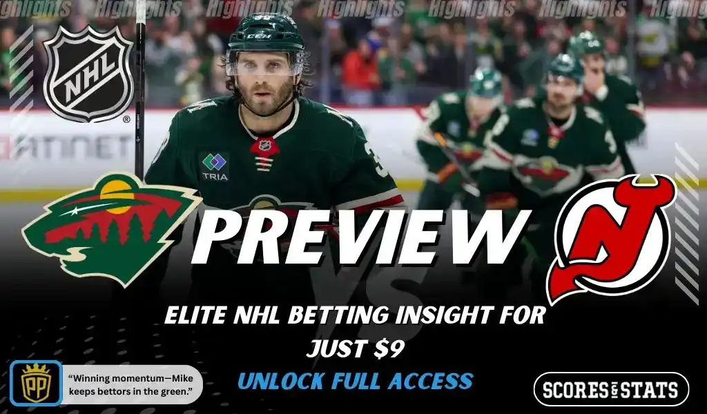 Minnesota Wild versus New Jersey Devils NHL preview graphic with team logos and Scores and Stats branding January 12 2026