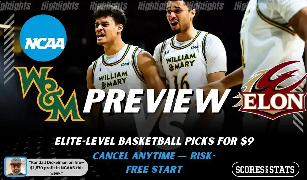 NCAA basketball preview graphic for William and Mary Tribe vs Elon Phoenix on January 29 2026