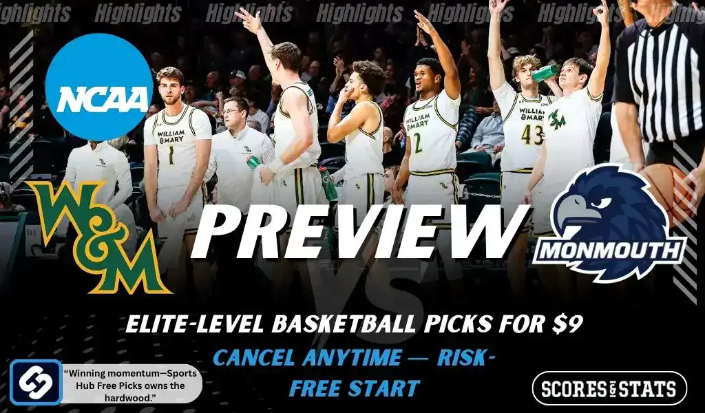 NCAA basketball preview graphic for William and Mary Tribe vs Monmouth Hawks with team logos bench photo and the word Preview for January 8 2026