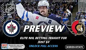 Winnipeg Jets vs Ottawa Senators NHL preview graphic with a Jets player celebrating and both team logos