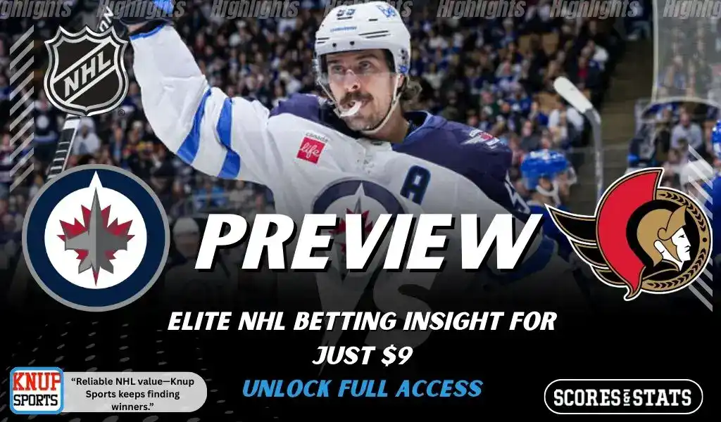 Previews 8 Winnipeg Jets vs Ottawa Senators NHL preview graphic with a Jets player celebrating and both team logos