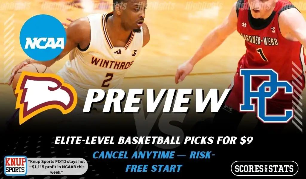 Winthrop Eagles vs Presbyterian Blue Hose preview graphic with team logos and NCAA branding promoting college basketball picks and predictions for January 24 2026