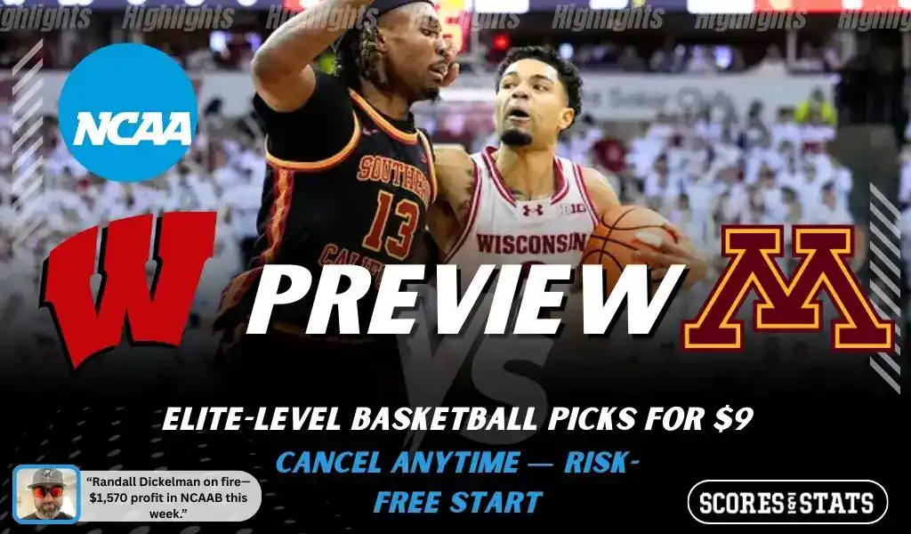 Wisconsin Badgers vs Minnesota Golden Gophers preview graphic with team logos and NCAA branding promoting college basketball picks and predictions for January 28 2026