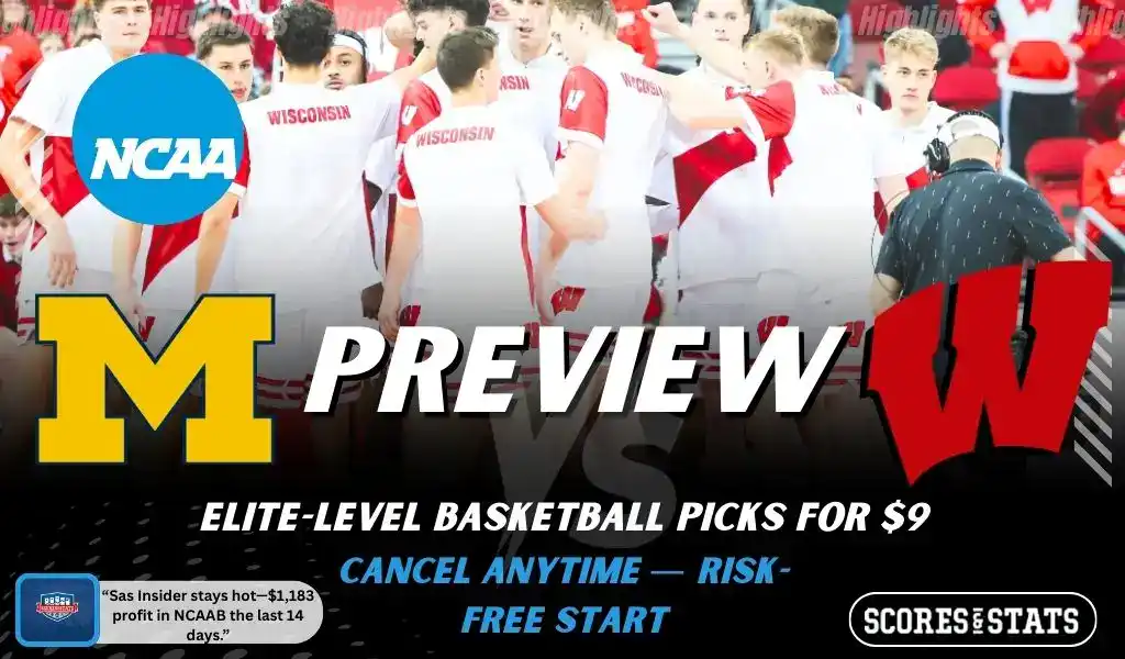Michigan Wolverines versus Wisconsin Badgers college basketball preview graphic with team logos and Scores and Stats branding January 10 2026