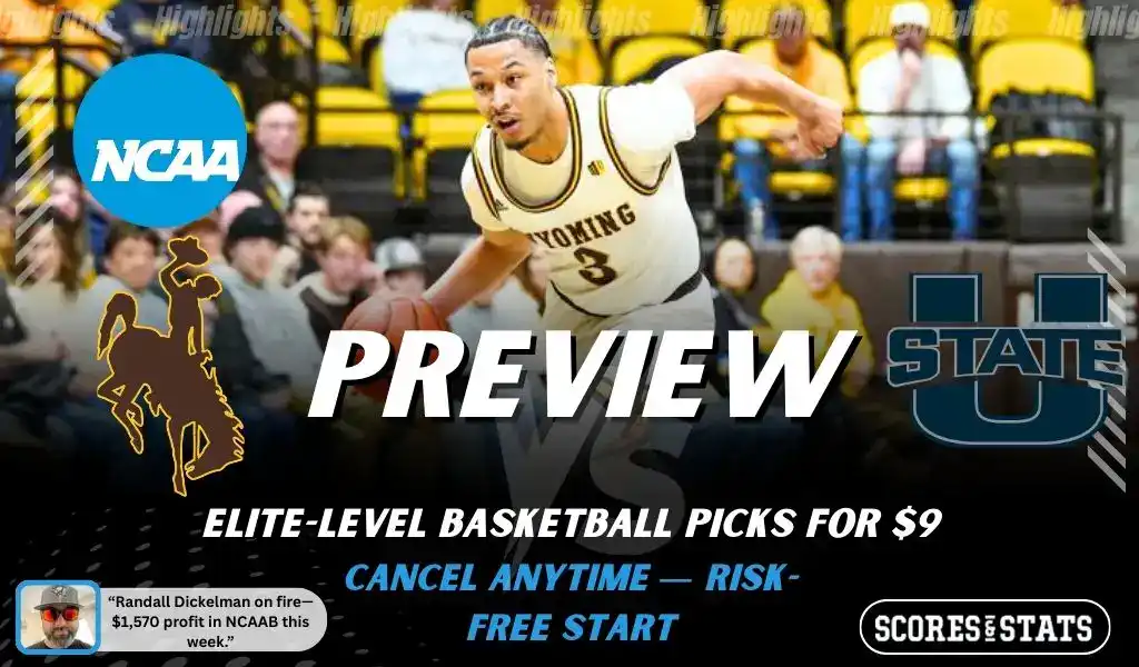 Wyoming Cowboys vs Utah State Aggies preview graphic with team logos and NCAA branding for picks and predictions on January 28 2026