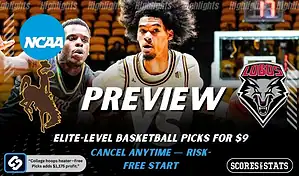 Wyoming Cowboys vs New Mexico Lobos NCAA basketball preview graphic with players in action and team logos