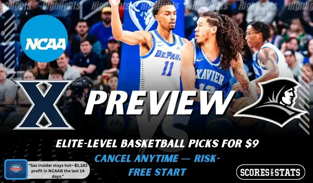 Xavier Musketeers versus Providence Friars college basketball preview graphic with team logos and Scores and Stats branding January 10 2026