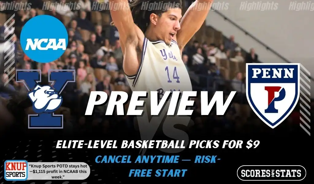 Yale Bulldogs vs Penn Quakers preview graphic with team logos and NCAA branding promoting college basketball picks and predictions for January 24 2026