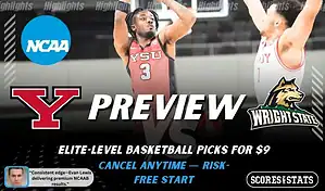 Youngstown State Penguins vs Wright State Raiders basketball preview graphic with team logos and a Youngstown State player shooting in the background