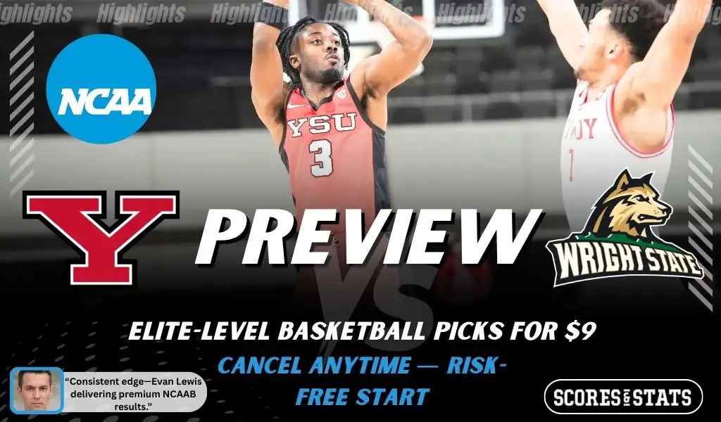 Youngstown State Penguins vs Wright State Raiders basketball preview graphic with team logos and a Youngstown State player shooting in the background