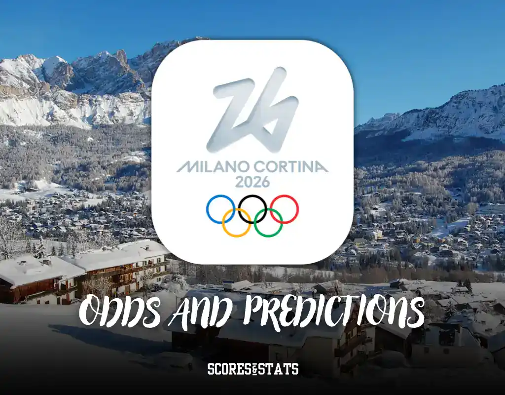 Logo for the Milano Cortina 2026 Olympics over a snowy mountain landscape, with text highlighting "Odds and Predictions."