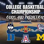 College basketball championship graphic featuring team logos and odds, with a focus on predictions and stats for the event.