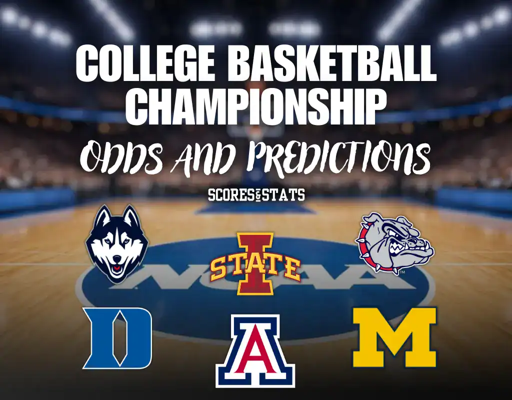 College basketball championship graphic featuring team logos and odds, with a focus on predictions and stats for the event.