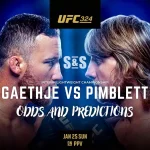 Promotion for UFC 324 featuring two fighters in a face-off, with details on the event date and predictions included.