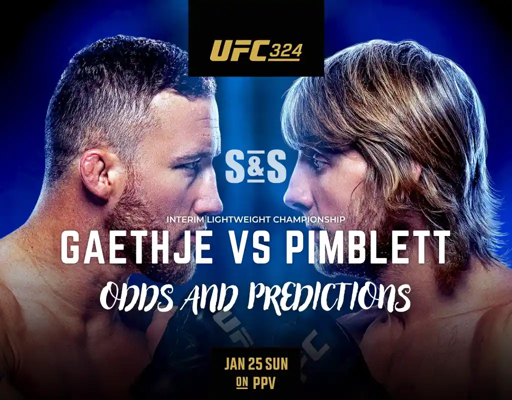 Promotion for UFC 324 featuring two fighters in a face-off, with details on the event date and predictions included.