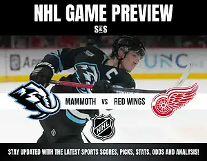 NHL Game Preview featuring Mammoth vs Red Wings. Energetic action shot and team logos, with details for updates and analysis.