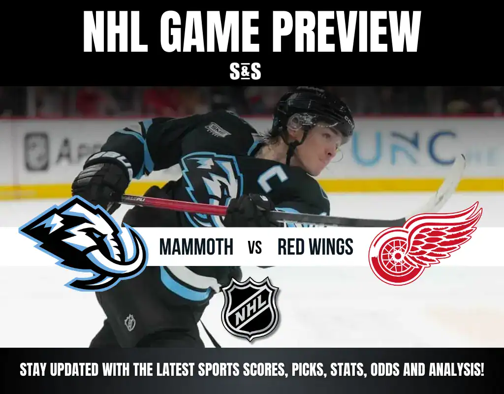 NHL Game Preview featuring Mammoth vs Red Wings. Energetic action shot and team logos, with details for updates and analysis.