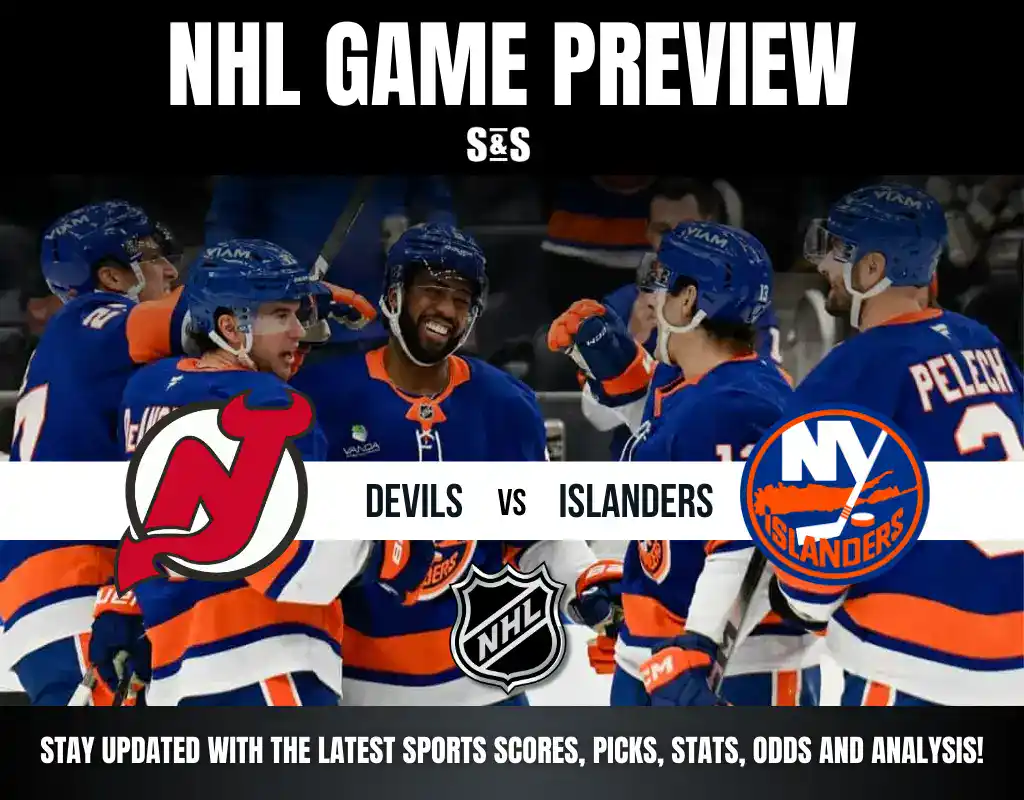 NHL game preview featuring the Devils vs. Islanders, with players celebrating in their team jerseys.