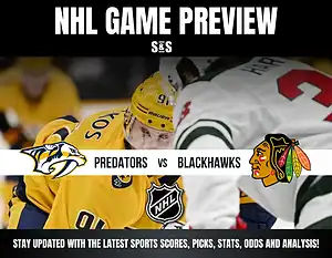 NHL game preview featuring a matchup between the Predators and Blackhawks, with action shots and team logos.