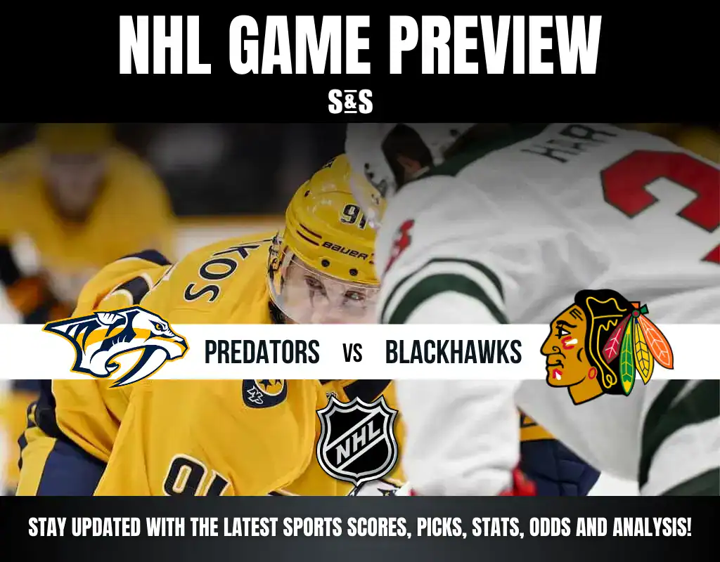 NHL game preview featuring a matchup between the Predators and Blackhawks, with action shots and team logos.