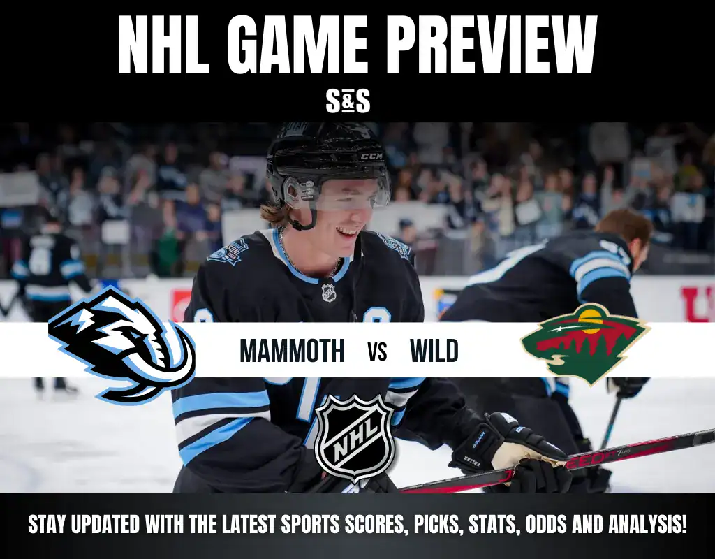 NHL game preview featuring Mammoth vs Wild with a player in the foreground.