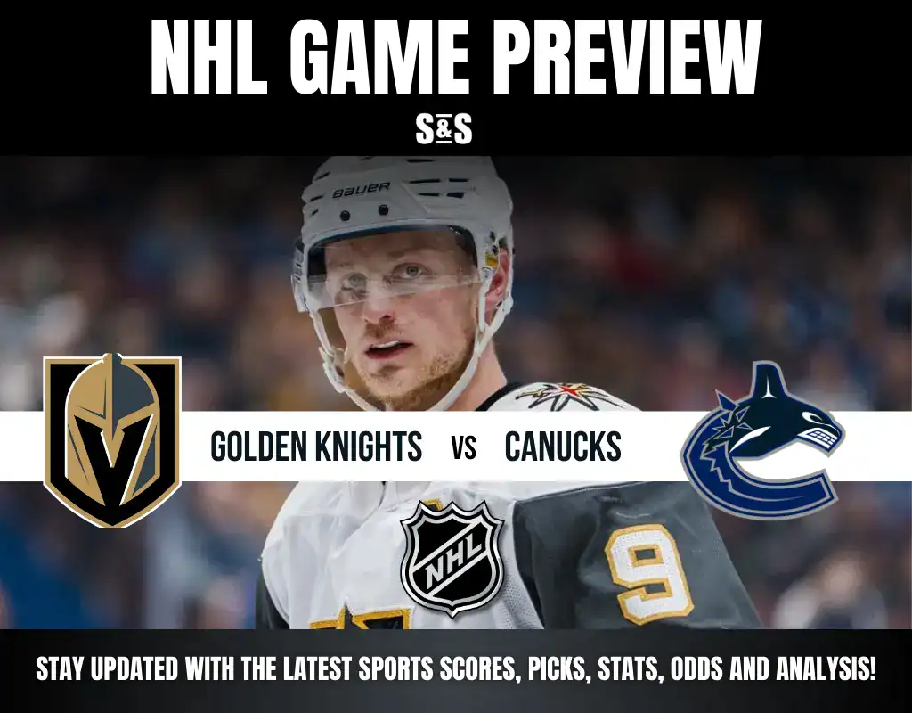 NHL Game Preview featuring the Golden Knights versus the Canucks, with team logos and details for updates on scores and stats.