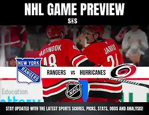 NHL game preview featuring the New York Rangers vs. Carolina Hurricanes. Players in red jerseys celebrate on the ice.
