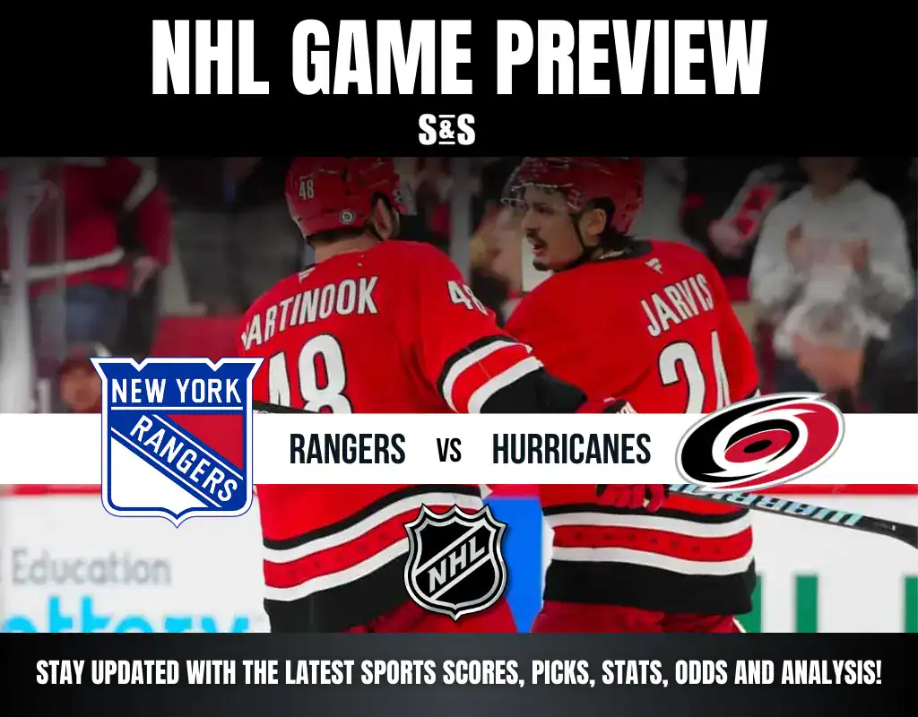 NHL game preview featuring the New York Rangers vs. Carolina Hurricanes. Players in red jerseys celebrate on the ice.