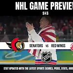 NHL game preview featuring Senators vs Red Wings, with promotional text and team logos displayed prominently.