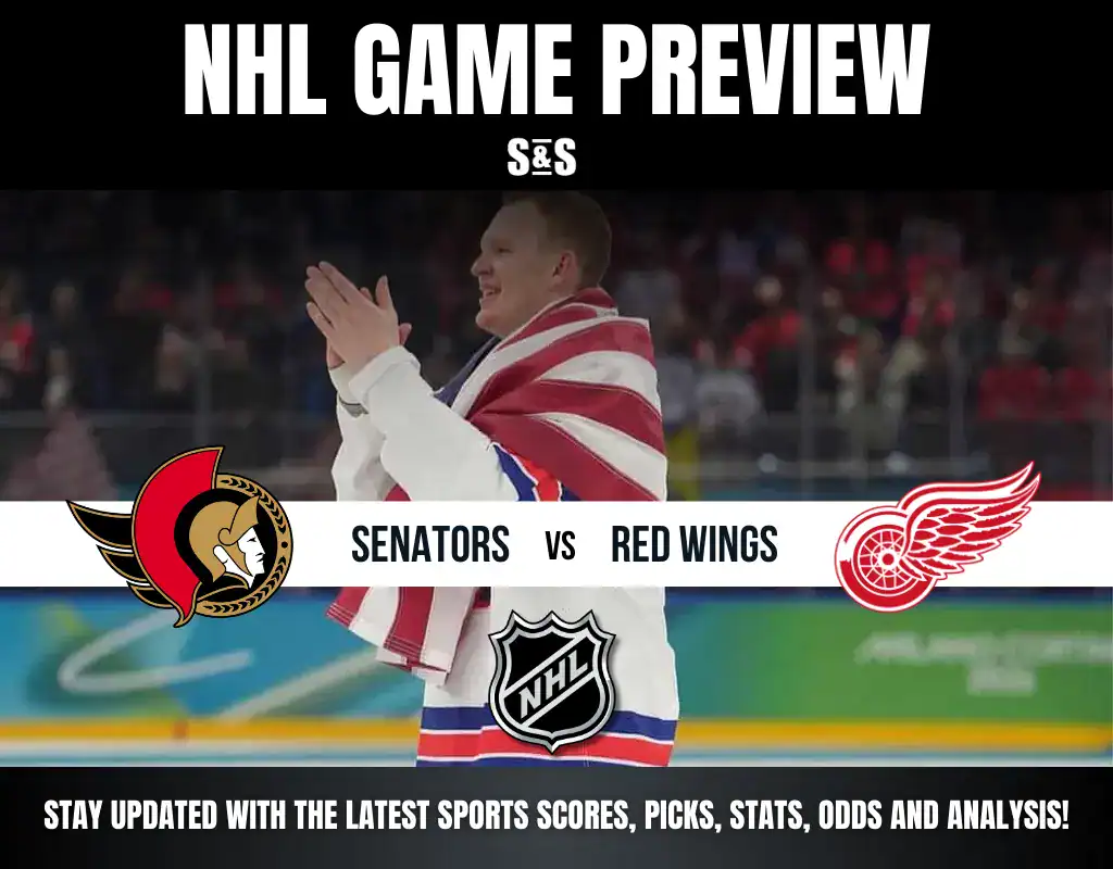 NHL game preview featuring Senators vs Red Wings, with promotional text and team logos displayed prominently.