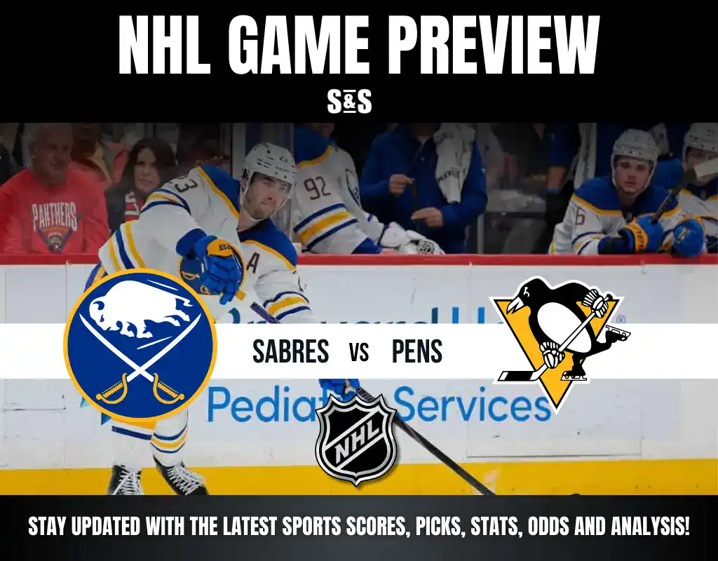 NHL game preview featuring the Sabres vs. Penguins, with players in team jerseys and promotional graphics for scores and stats.