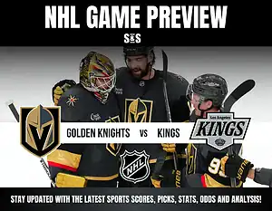 NHL game preview featuring the Golden Knights and Kings, showcasing team logos and players celebrating on the ice.