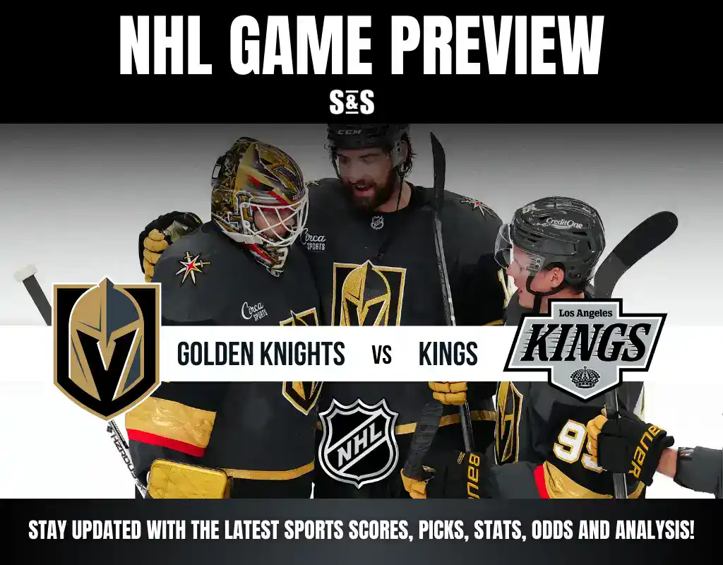 NHL game preview featuring the Golden Knights and Kings, showcasing team logos and players celebrating on the ice.