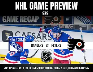 NHL Game Preview featuring the New York Rangers vs. Philadelphia Flyers, with a background image of players and game recap details.