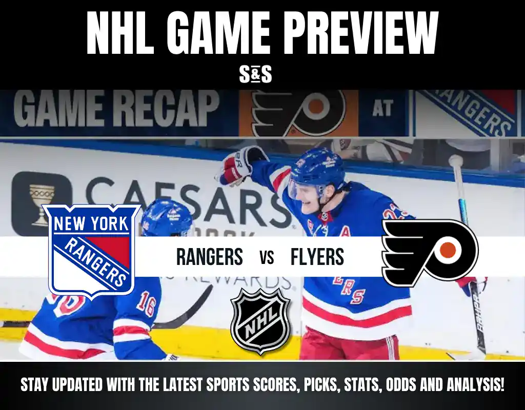 NHL Game Preview featuring the New York Rangers vs. Philadelphia Flyers, with a background image of players and game recap details.